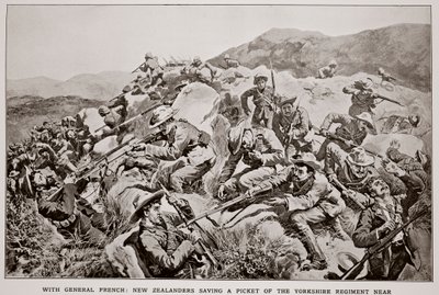 With General French: New Zealanders saving a picket of the Yorkshire Regiment near Slingersfontein on January 15, from a sketch by G.D. Giles by William Small